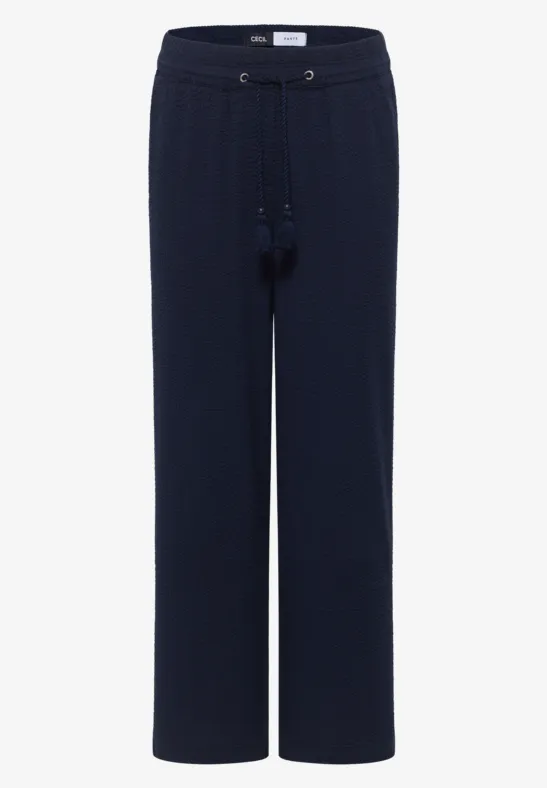 Dunkelblaue Freizeithose mit weitem Bein und Kordelzugbund.
