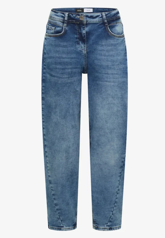 Hoch taillierte, gerade geschnittene blaue Jeanshose mit fünf Taschen und Gürtelschlaufen