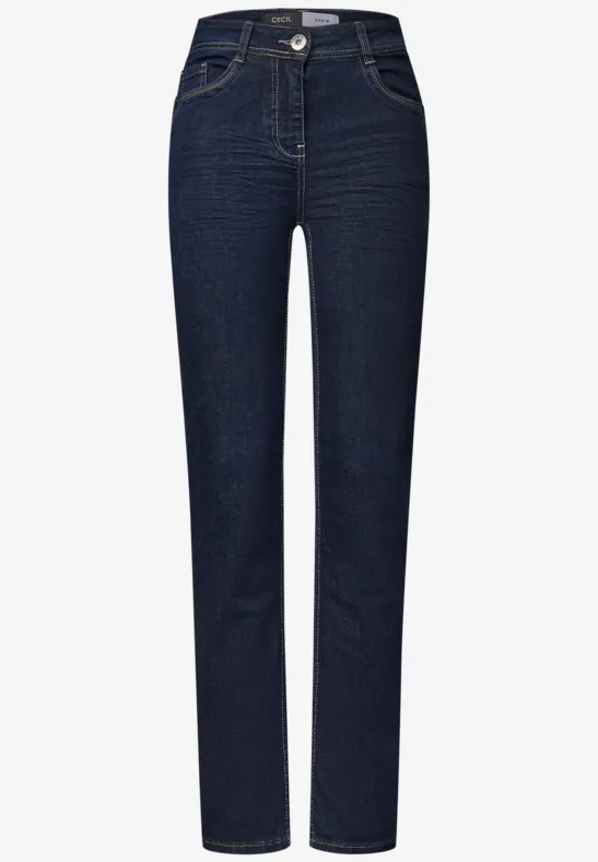 Jean taille haute droit bleu foncé, 5 poches, bouton et passants de ceinture.