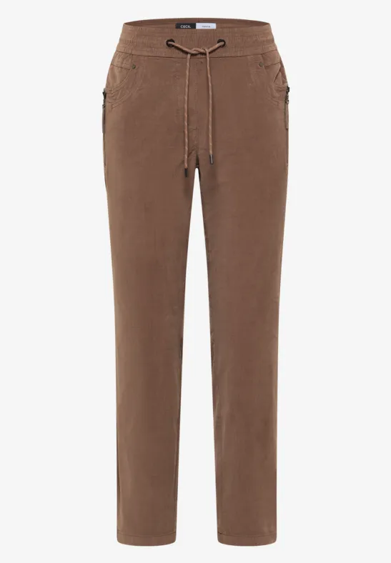 Pantalon marron droit avec taille élastique, cordon de serrage et poches zippées sur les côtés.