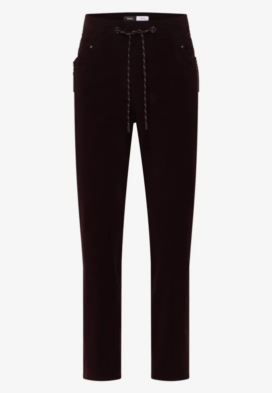 Pantalon en velours côtelé foncé avec cordon à la taille, coupe droite et poches latérales.