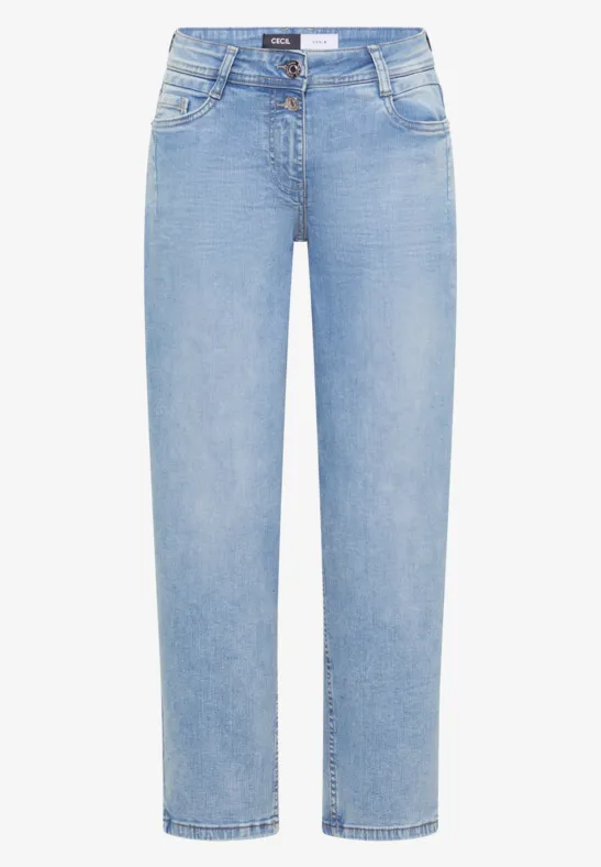 Hellblaue, gerade geschnittene Jeans mit klassischem 5-Pocket-Design und Knopf- sowie Reißverschluss.