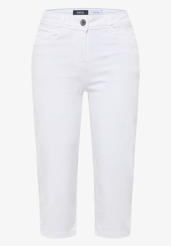 Jean court blanc avec fermeture à bouton et zip, style épuré.