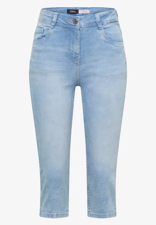 Jeans femme clair, coupe ajustée et longueur cheville, cinq poches, fermeture par bouton.