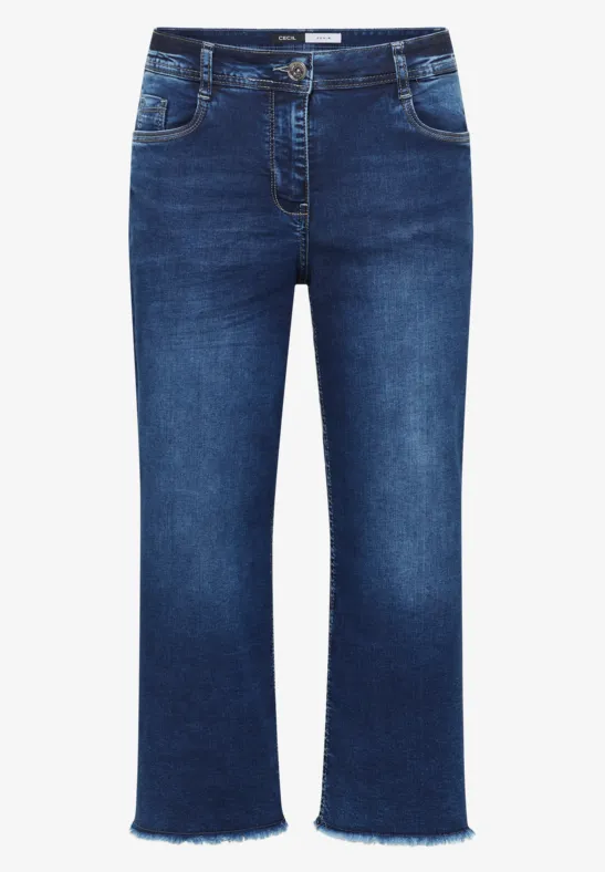 Dunkelblaue, knöchelhohe Jeans mit 5 Taschen und leicht ausgefranstem Saum.