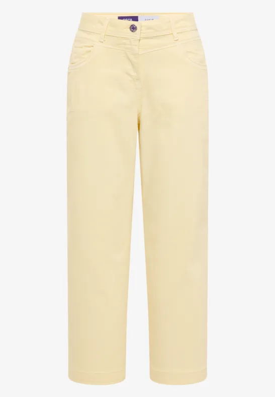 Leichte, helle gelbe Damenhose mit geradem Schnitt und Knopf- und Reißverschluss.