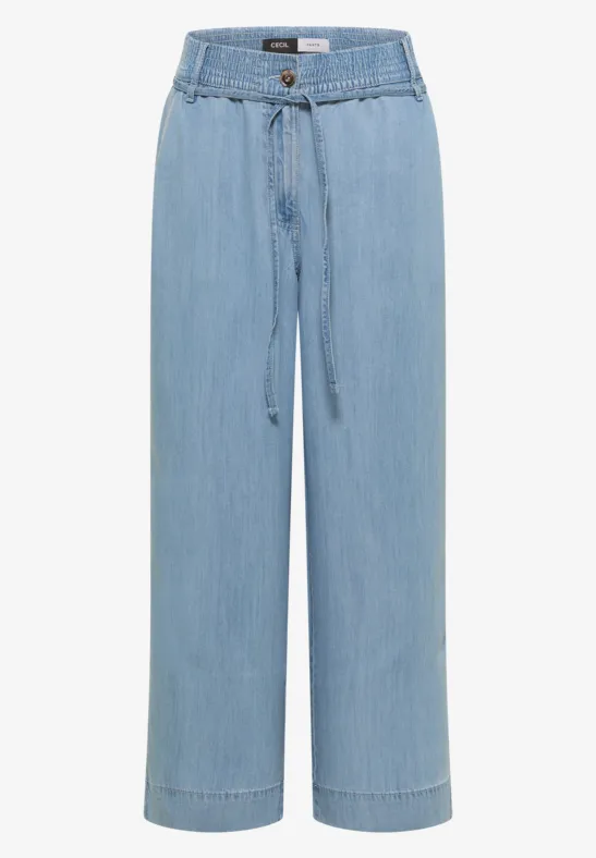 Hellblaue, weite Jeanshose mit hoher Taille, Kordelzug und geradem Bein.