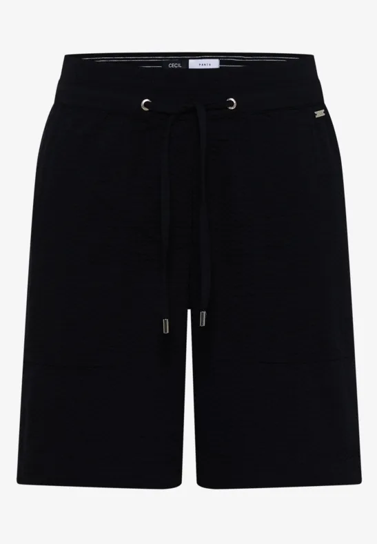 Short noir mi-long avec taille élastique et cordon de serrage.