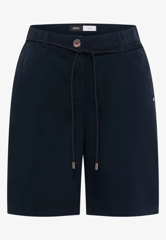 Dunkelblaue Bermuda-Shorts mit Gummibund, Knopfverschluss und verstellbarem Kordelzug.
