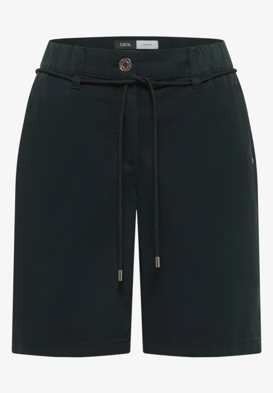 Dunkelgrüne Bermudashorts in hoher Taille mit Kordelzug und Eingrifftaschen.