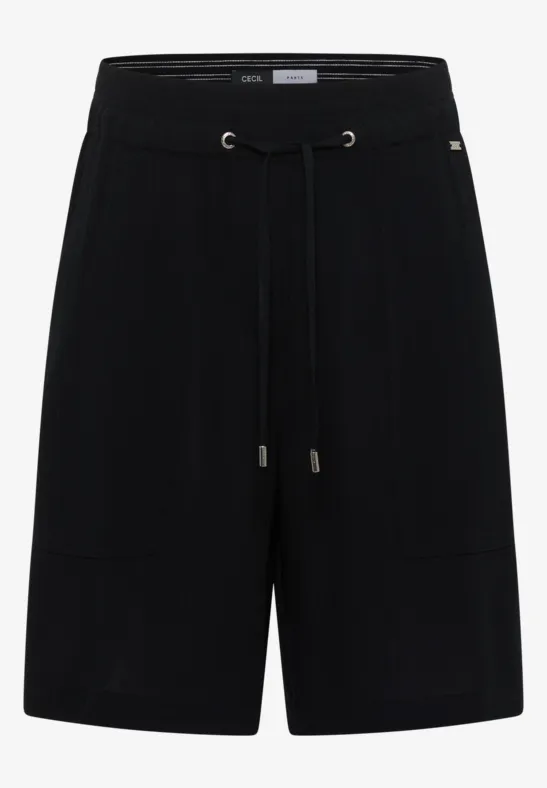 Short noir mi-long décontracté, taille élastique avec cordon, poches latérales et coupe ample.