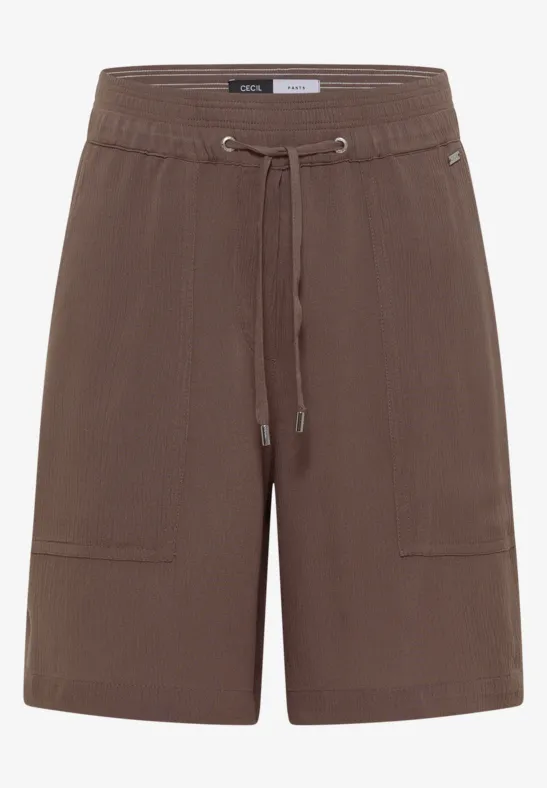 Braune Cargo-Shorts mit seitlichen aufgesetzten Taschen und Tunnelzugbund.