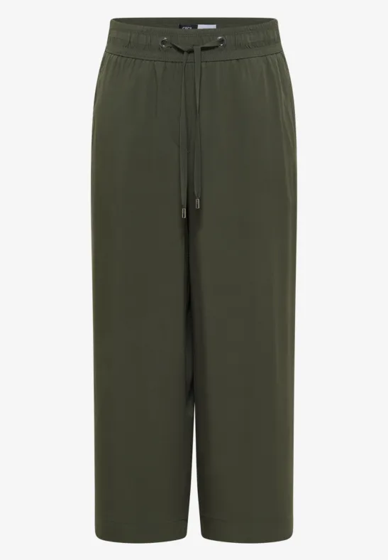 Locker sitzende, weite, knöchellange Hose in Olivgrün mit elastischem Bund und Kordelzug.