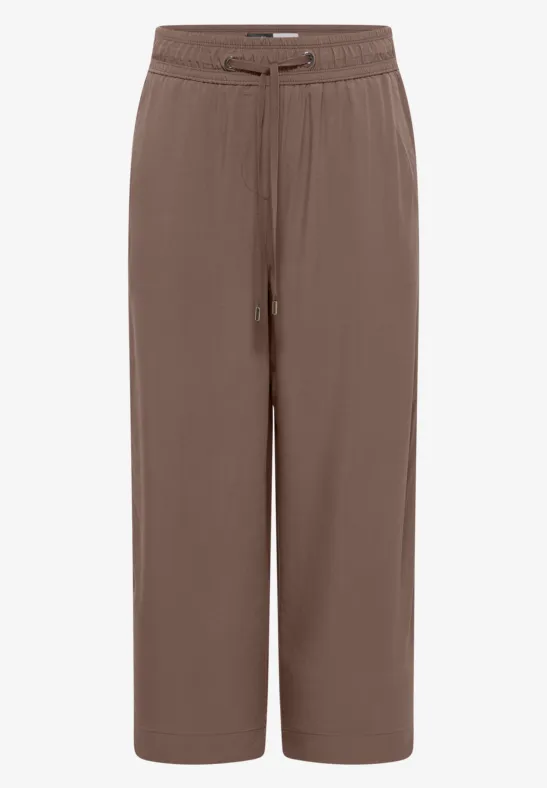 Braune, weite, knöchellange Hose mit elastischem Bund und Bindeband.