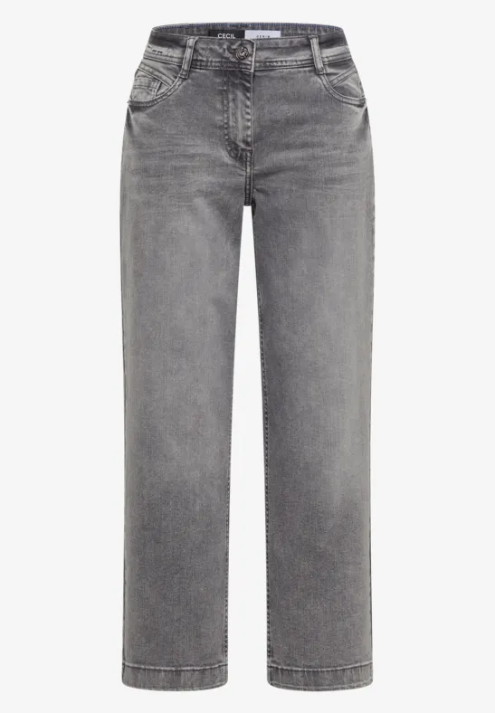 Graue Jeans in geradem Schnitt mit hohem Bund und Five-Pocket-Design.