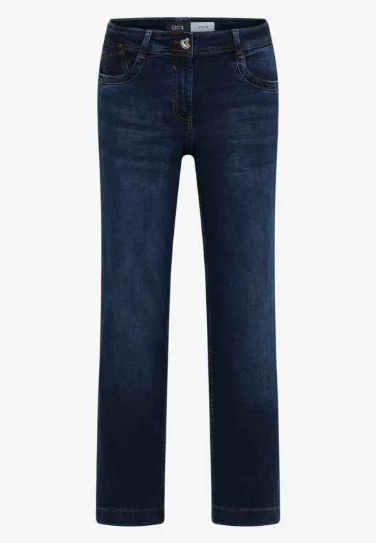 Jean bleu foncé droit, cinq poches, passants de ceinture et fermeture à bouton.