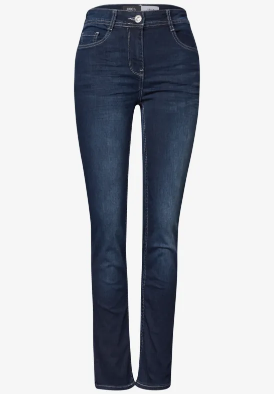 Jean taille haute bleu foncé, coupe slim, cinq poches classiques et fermeture boutonnée.
