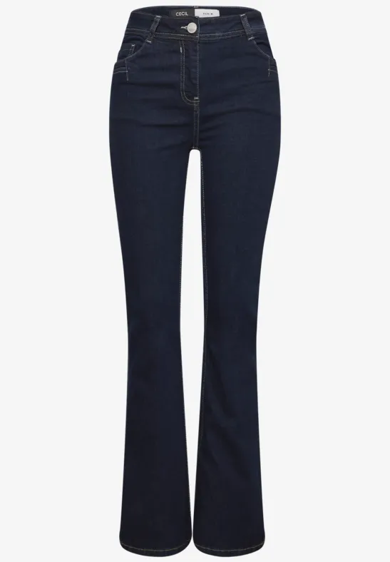 Jean bleu foncé taille haute avec coupe évasée et finition vintage.