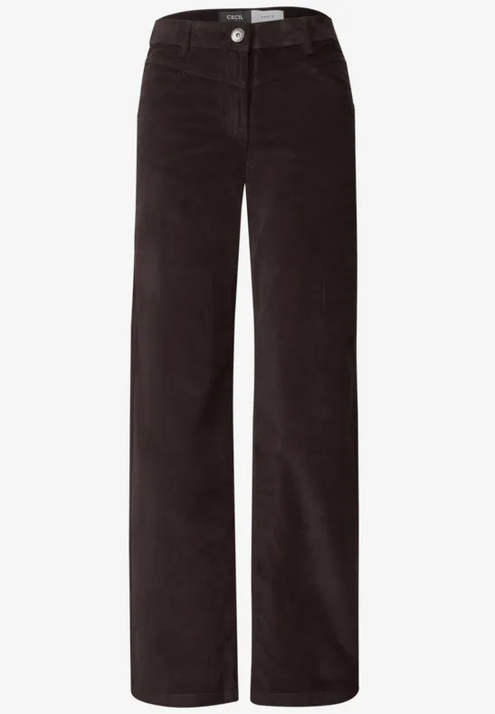 Pantalon noir en velours côtelé, taille haute et coupe ample.