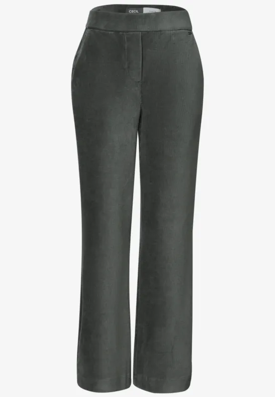 Graue, gerade geschnittene Hose mit hohem Bund und schlichten Details.