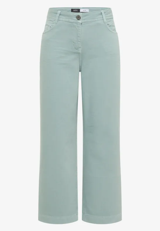 Helle mintgrüne, weit geschnittene Damenhose mit hoher Taille.
