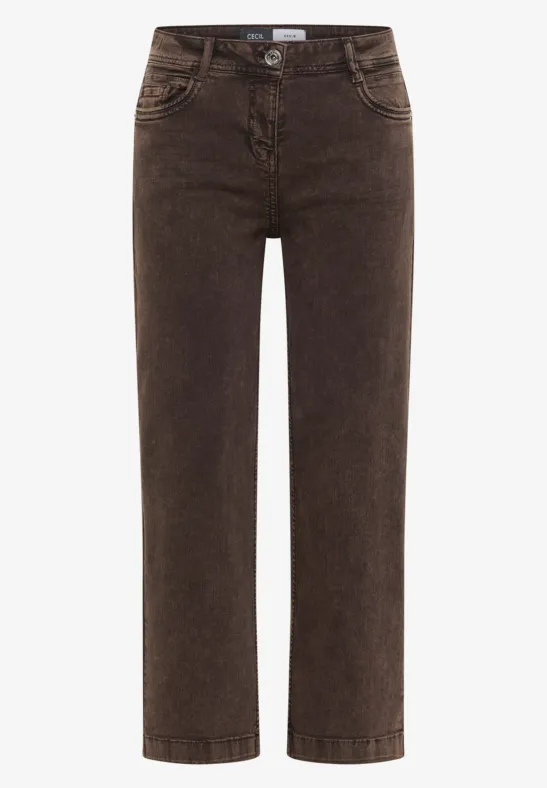 Jean marron taille haute à coupe droite.