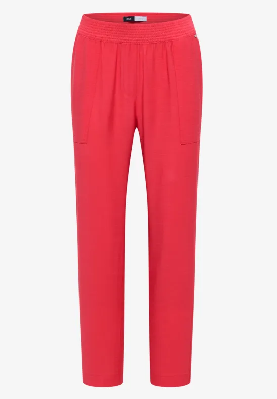 Rote Damenhose mit elastischem Bund und geradem Schnitt.