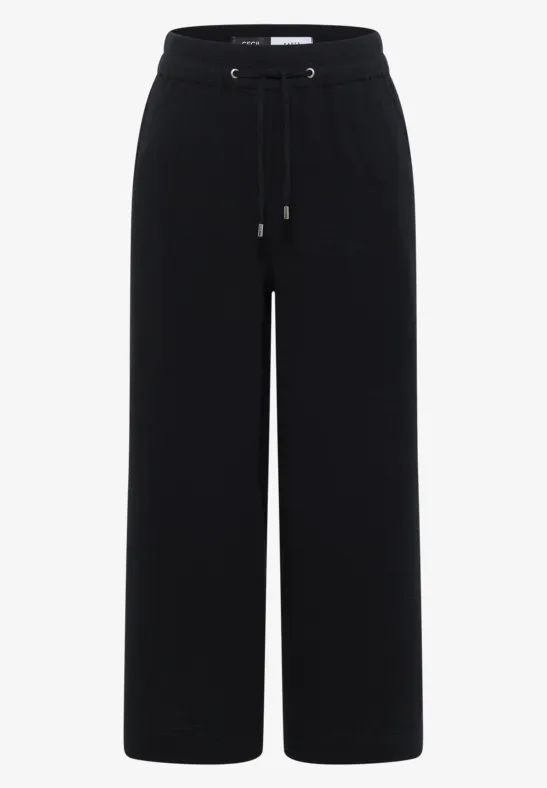 Pantalon culotte noir sobre, taille élastique à cordon, coupe ample