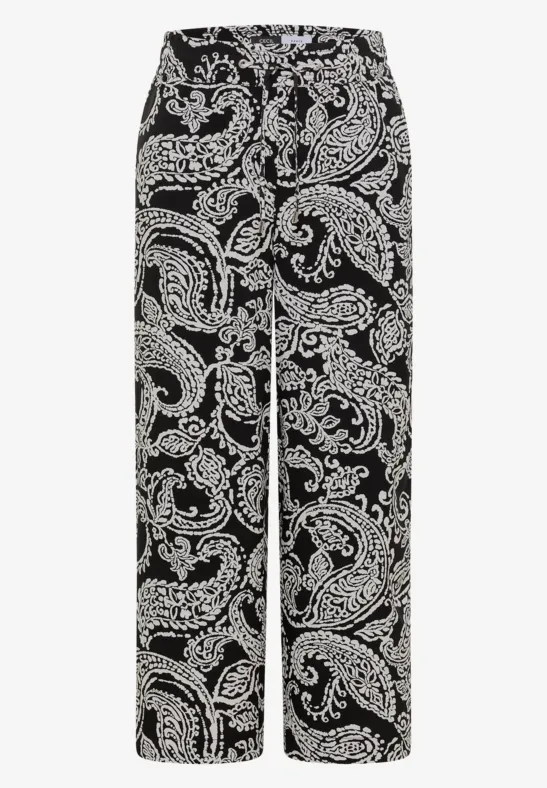 Pantalon large noir à motif paisley floral blanc