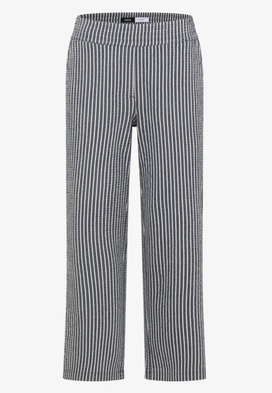 Schwarz-weiße Hose mit feinen, weißen Längsstreifen im geraden Schnitt.