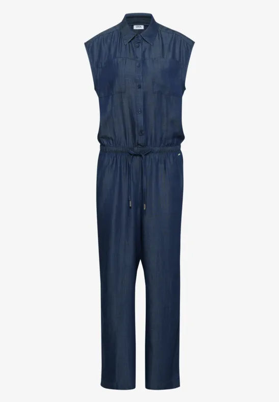 Ärmelloser Jeans-Jumpsuit mit losem Sitz und Tunnelzug in dunklem Denim.