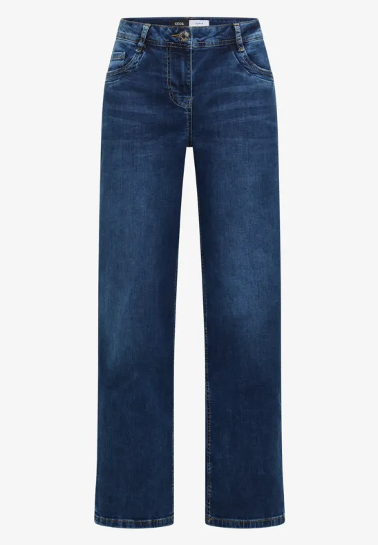 Dunkelblaue, gerade geschnittene Jeans mit fünf Taschen und Knopf- sowie Reißverschluss.