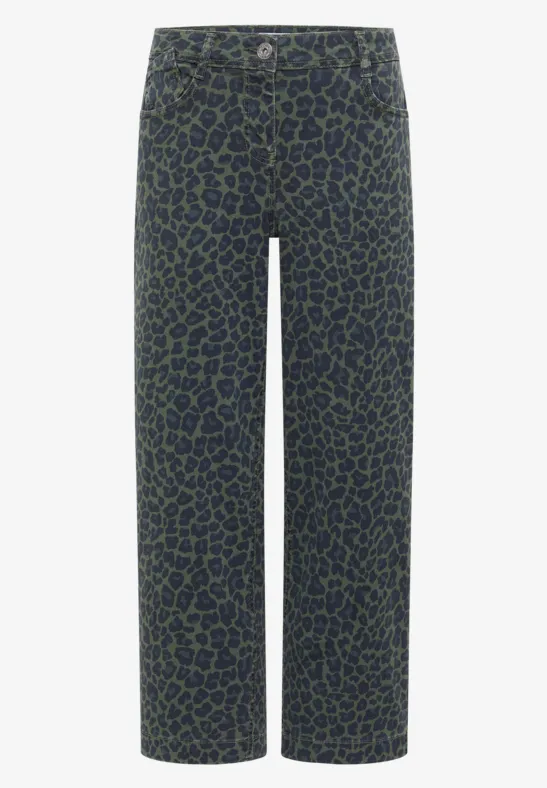 Gerade geschnittene, marineblaue Hose mit grünem Leopardenmuster und zwei Knöpfen am Bund.