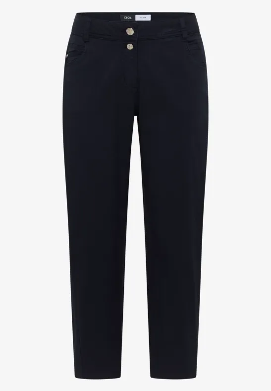 Dunkelblaue, schmal geschnittene Damenhose mit zwei Knöpfen und Seitentaschen.
