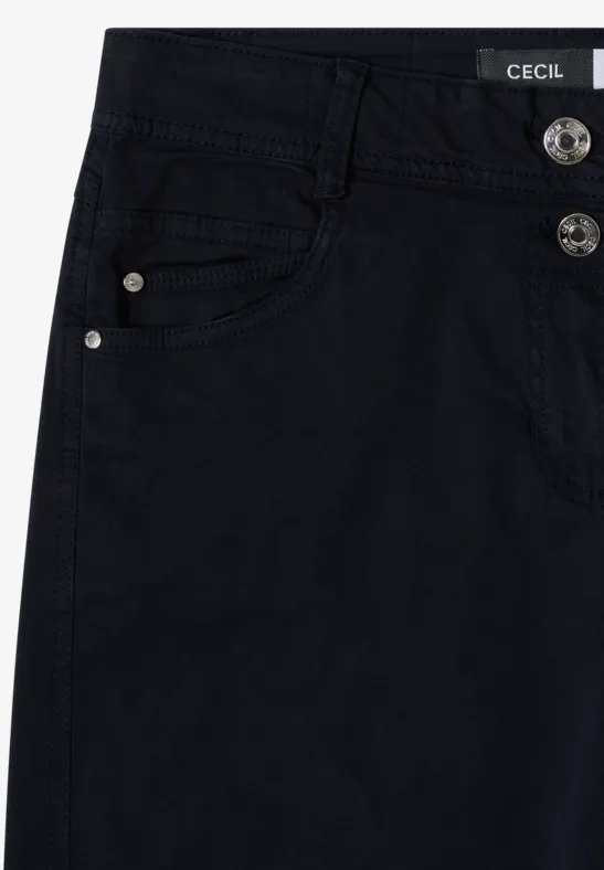Kurzer schwarzer Jeansrock mit seitlicher Knopfleiste und Gürtelschlaufen.
