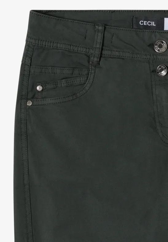 Dunkelgrüne Damenhose mit Knopfverschluss, seitlicher Tasche und Labelinnenbund von CECIL.