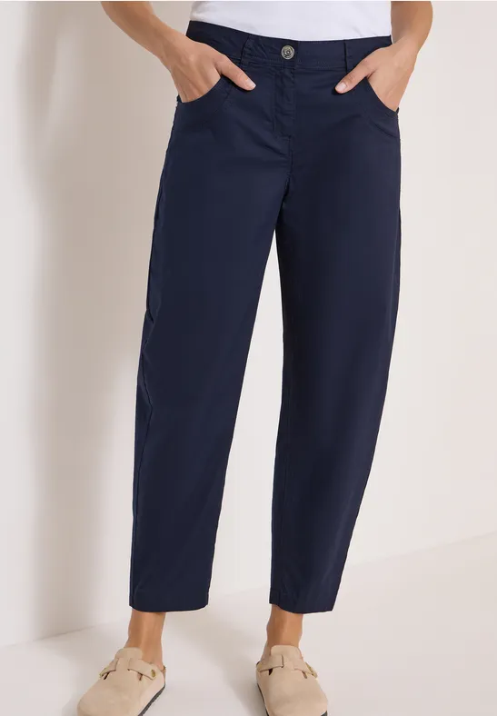 Dunkelblaue, lässige Damenhose mit lockerer Passform, Knopfverschluss, seitlichen Taschen, knöchellang