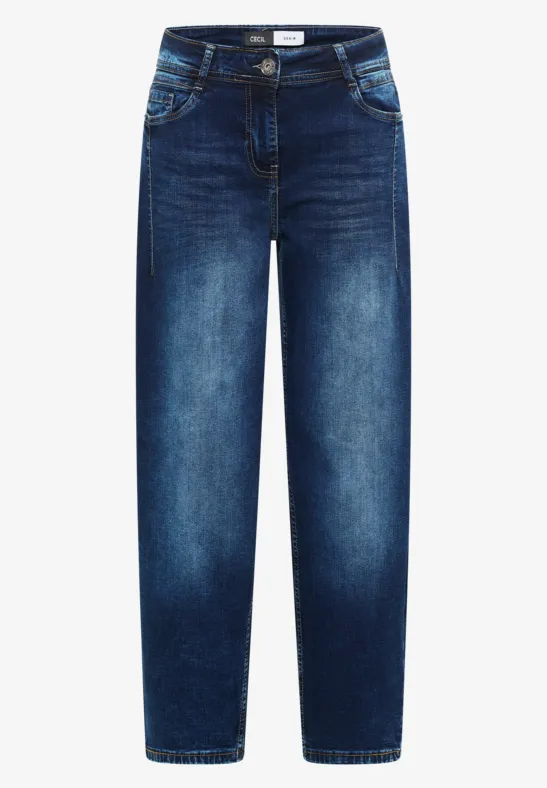 Dunkelblaue Jeanshose mit geradem Schnitt, Front- und Gesäßtaschen aus Denim.