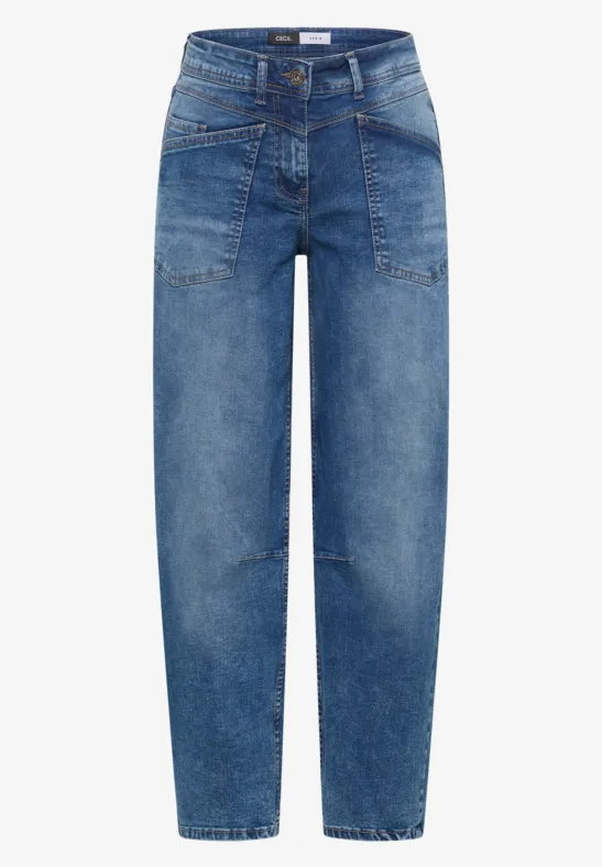 Weit geschnittene blaue Jeans mit aufgesetzten Taschen, hohem Bund und geradem Bein.