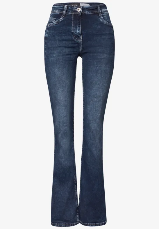 Jean évasé bleu foncé, taille haute, jambes légèrement évasées.