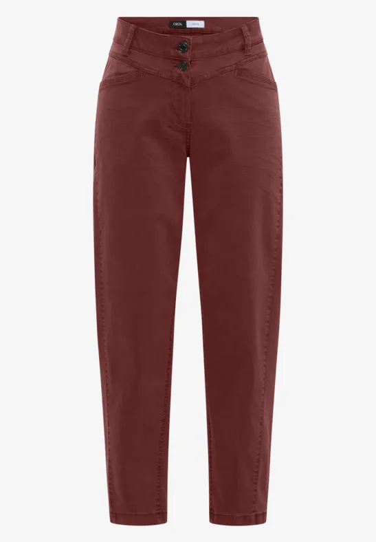 Pantalon femme taille haute bordeaux, coupe droite, fermeture à double bouton.