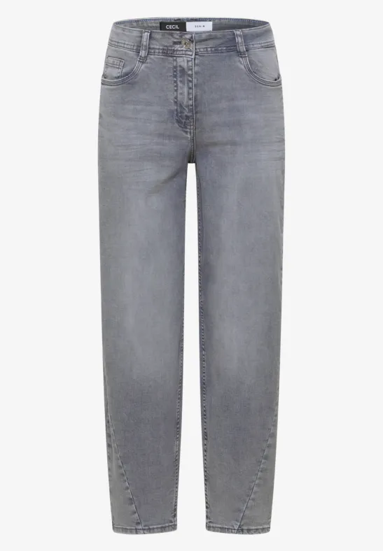 Ein Paar hellgraue Jeans mit Reißverschluss und Knopf, geradem Schnitt und fünf Taschen.