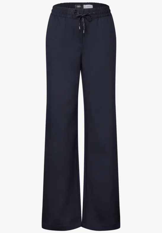 Pantalon de détente bleu marine, coupe large avec taille élastique et cordon.