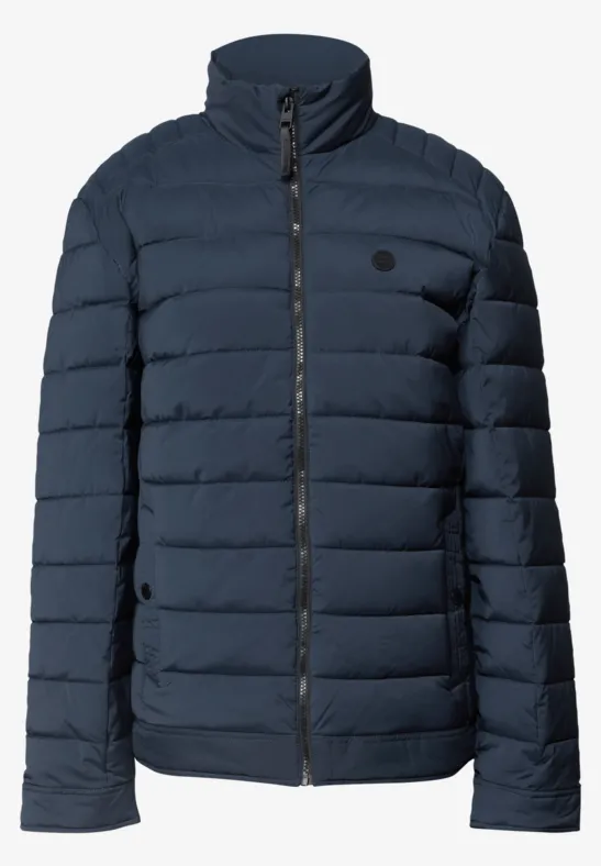 Dunkelblaue gesteppte Steppjacke mit Reißverschluss und Stehkragen.