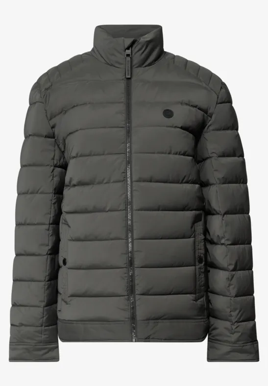 Dunkelgraue, gesteppte Steppjacke mit Stehkragen und Reißverschluss.