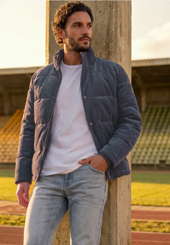 Mann in Jeans, weißem T-Shirt und gesteppter Jacke lehnt an Säule im Stadion bei Abendlicht.