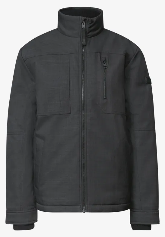 Veste Softshell noire à fermeture éclair intégrale, col montant et multiples poches.