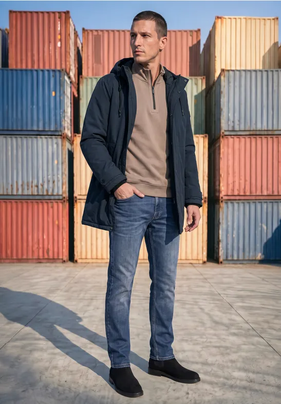 Un homme en jean, veste et bottines se tient devant des conteneurs colorés empilés.