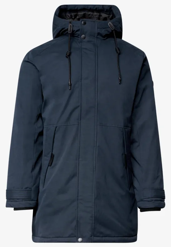 Parka bleu marine à capuche, fermeture éclair et poches latérales, idéal pour temps froid.