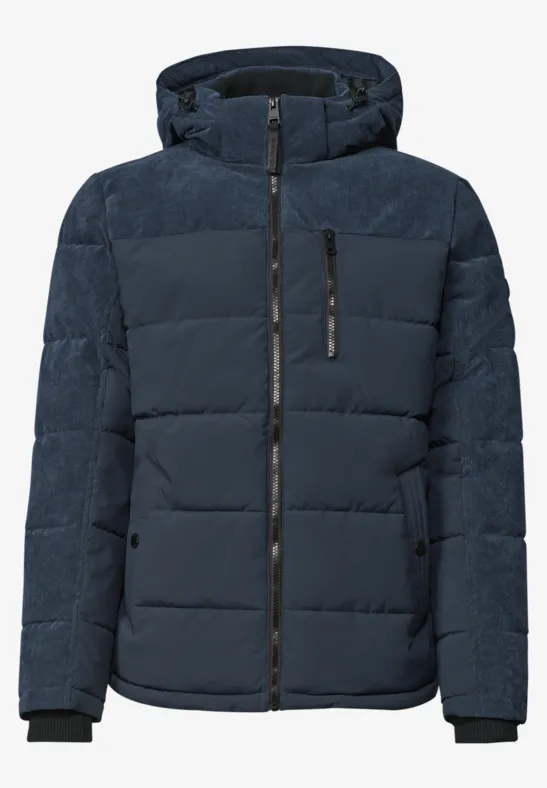 Dunkelblaue, gesteppte Winterjacke mit Kapuze, Reißverschluss und Brusttasche.